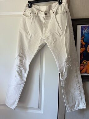 Levi's White Straight Leg Distressed Jeans